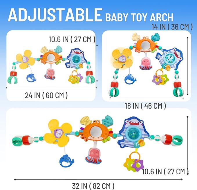Adjustable Baby Stroller Arch Toy, Car Seat Toys for Infants 0 Months Bassinet Hanging Toy Bar Attachment with Mirror & Sound, Crib Comfort Gift for Birthday, Baby Shower