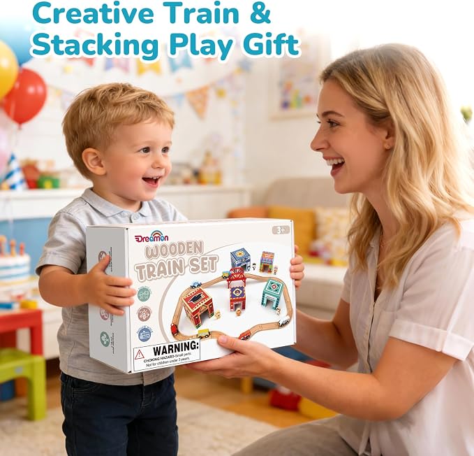 Wooden Train Set for Kids 3-7, Wood Train Tracks Complete Town Railway Playset with Matching Figures, Vehicles, Stacking and Nesting Blocks, Sorting & Stacking Toys Gifts for Boys Girls