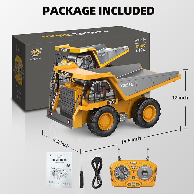 9-Channel RC Dump Truck Toy, 2.4GHz Remote Control Truck with Metal Bed, Light & Sound, 2 Rechargeable Batteries, Construction Vehicle for Kids Boys Girls Ages 3-12