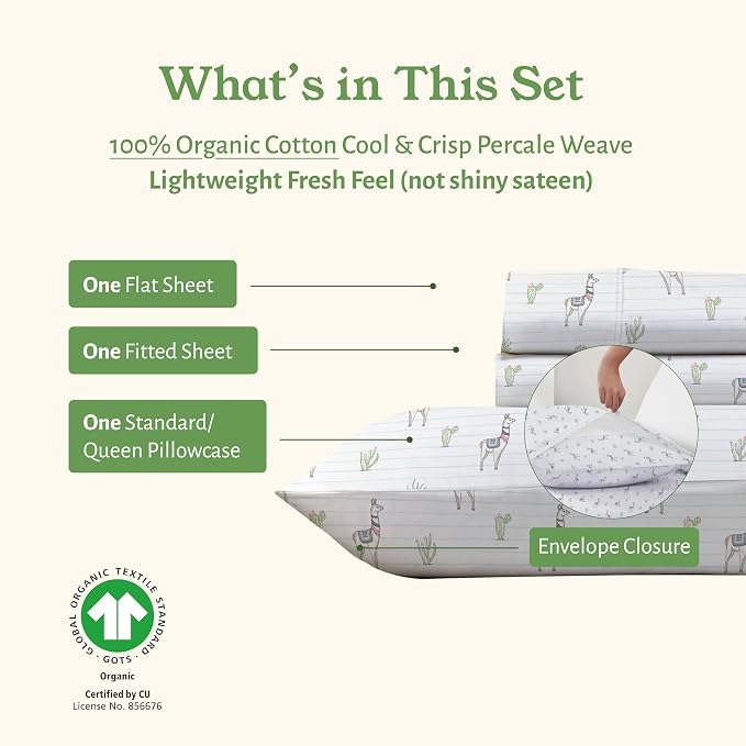 California Design Den Printed Twin Sheet Set Cotton, 100% Organic Cotton Percale Sheets, Deep Pocket Twin Sheets & Pillowcase Set - Llama