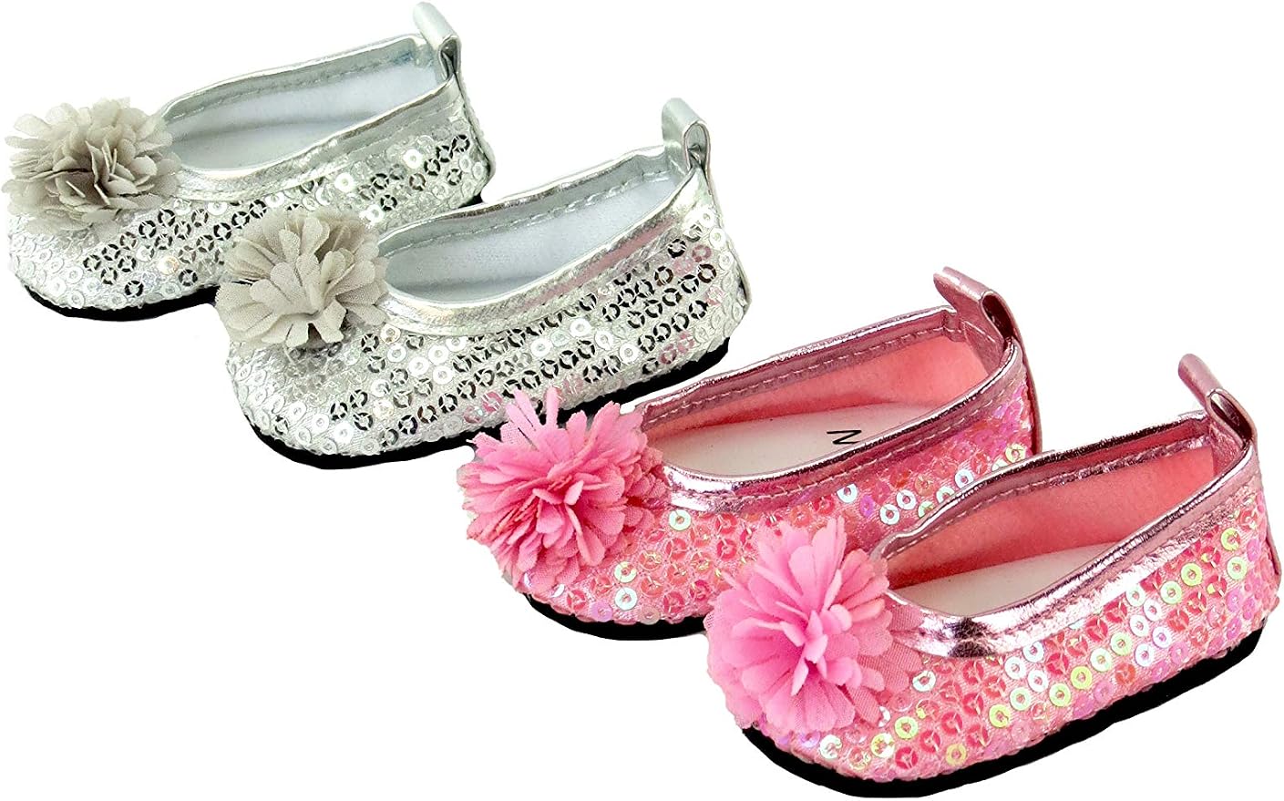 American Fashion World Sequin Flats with Flower for 18-Inch Dolls | 2 Piece Set | Premium Quality & Trendy Design | Dolls Shoes | Shoe Fashion for Dolls for Popular Brands