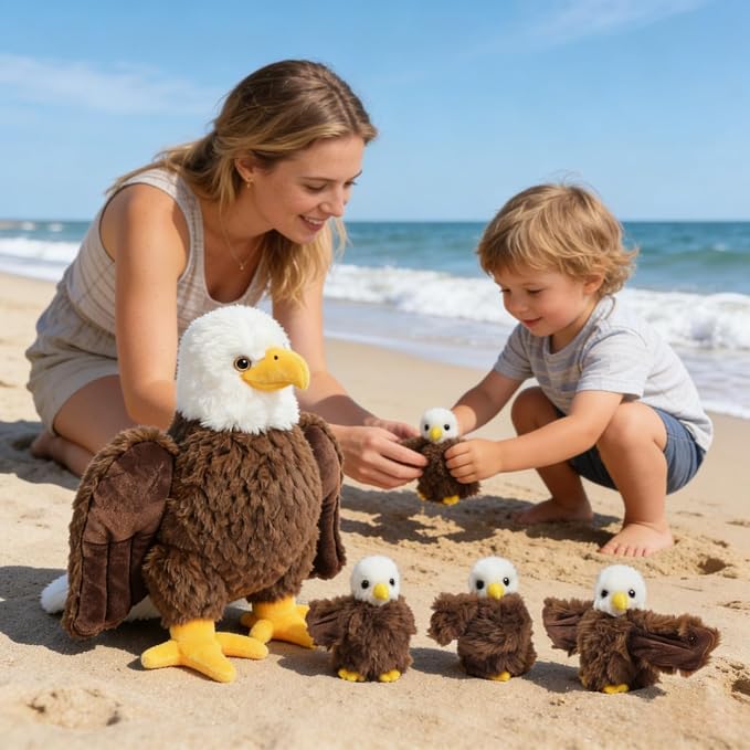 4 Pcs Bald Eagle Stuffed Animal Set 14 Inch Mommy Stuffed Eagle Plush Toy with 3 Babies, Zipper Bald Eagle Toy with Baby Eagles Plushies for Kids Boys Girls Birthday Christmas Birders Zoo Plush Gifts