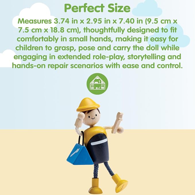 PlanToys® Wooden Service Worker Doll | Poseable 1:12 Scale Character Figure with Toolbox for Dollhouse Play, Repair Scenarios & Social Interaction | Eco Friendly Montessori Pretend Play Figure
