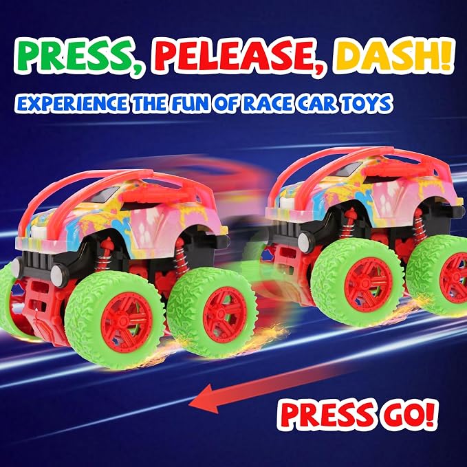 Monster Truck for Boys 3 4 5 6 7 Year Old,4 Pack Push and Go Friction Powered Car Toys, Double-Directions Inertia Pull Back Vehicle Set,Birthday Party Gift for Kids (Type_D)