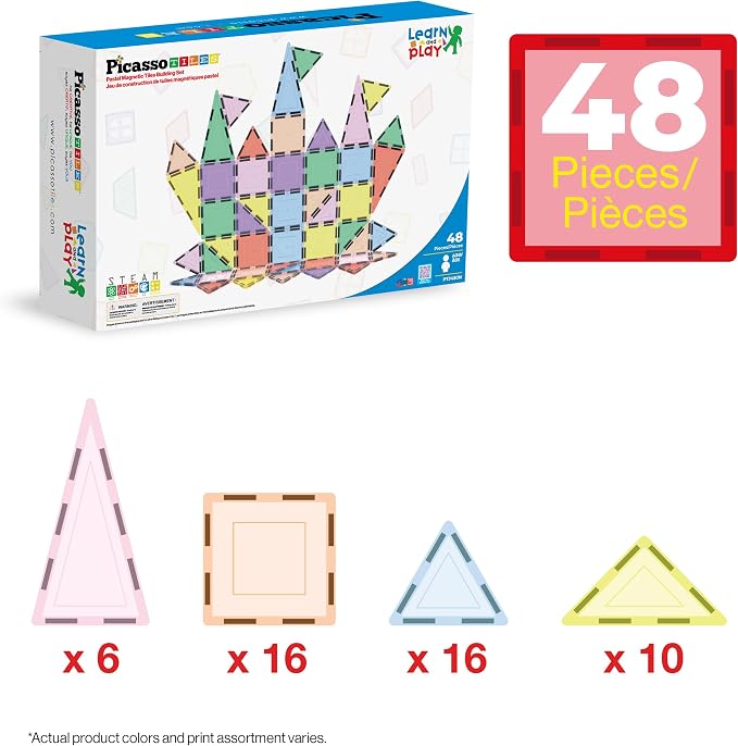 PicassoTiles 48PC Magnetic Tiles Pastel Building Construction Stacking Toy STEM Montessori Educational Magnet Tile Sensory Learning Playset For Toddlers Preschool Elementary Boys Girls Ages 3+ PTJ48JN