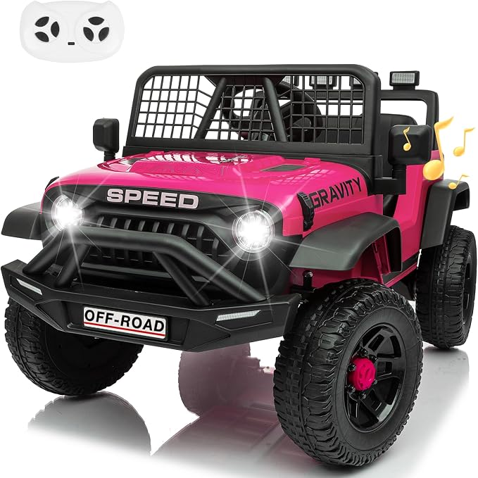 24V Jeep Power Wheels w/Remote Control, 4WD Ride on Truck Car, 3 Speed, Bluetooth Music, Wide Seat, Spring Suspension, LED Light, Birthday for Boys Girls Toddler (Black+Pink)