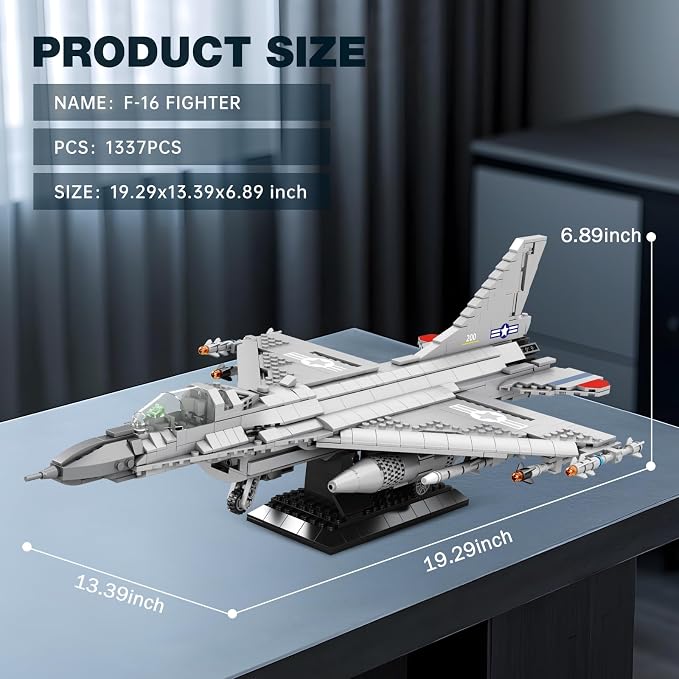 Reobrix F-16 Fighter Jet Building Set 33027, 1377 PCS Military Airplane Model Kit with Display Stand, Retractable Landing Gear, STEM Collectible Gift for Adults & Teens 14+