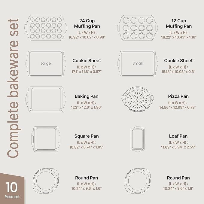 BAKKEN Kitchen Baking Pan Set - Nonstick Coating, Carbon Steel Bakeware Sets with Blue Silicone Handles, Baking Kitchen Essentials, PFOA, PFOS, PTFE Free, Oven Safe Tray (Up To 450° F), Set of 10