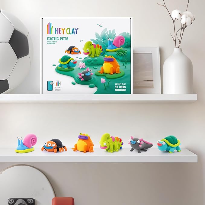 Hey Clay 15 Cans Set - Colourful Modelling Kids Air-Dry Clay 15 Cans with Sculpting Tools and Fun Interactive Instructions for Children Age 3+ (Exotic Pets)