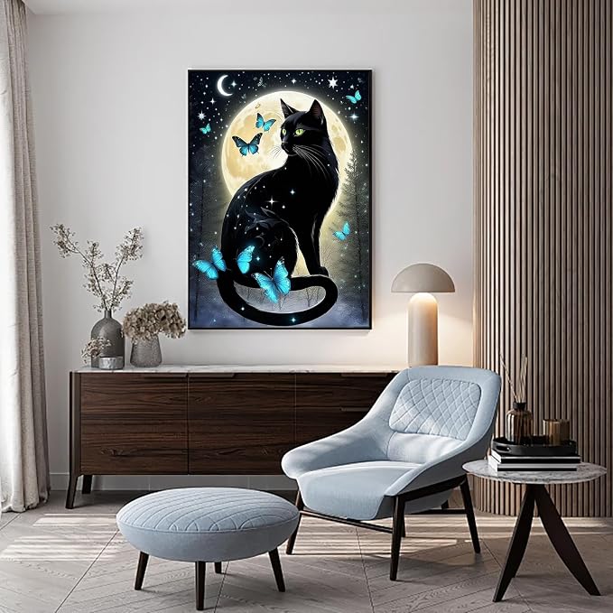 RYMILIE Cat Diamond Art Kits for Adults-Full Moon Diamond Painting Kits for Adults Beginners, 5D DIY Full Drill Round Rhinestone Gem Art Crafts Paintings for Home Wall Decor 12"x16"