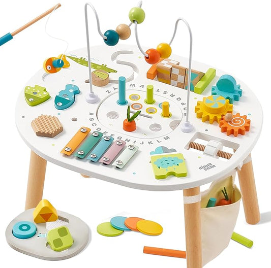 Giant bean® Wooden Activity Table for 1 Year Old, 11-in-1 Montessori Learning Table with Bead Maze, Shape Sorter, Fishing Game & More – Sensory Development Toy for Toddlers, Ideal 1st Birthday Gift