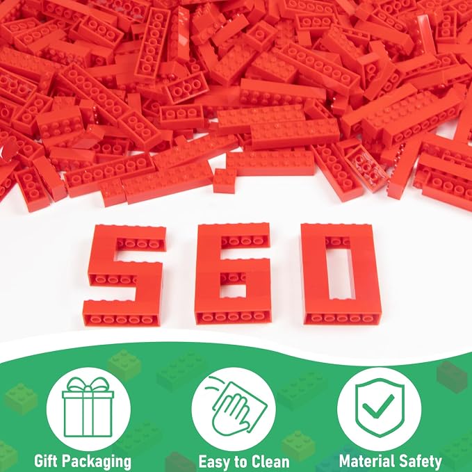 Cabeeskii 560 Pieces Red Classic Building Blocks Bulk with 2 Base Plates, Building Bricks in 7 Size, Compatible with All Major Bricks, for Kids & MOC Lovers