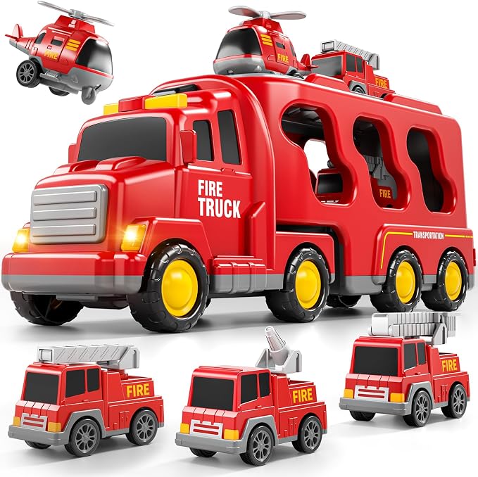 Bennol Fire Truck Toys for 1 2 3 4 5 Years Old Boys Toddlers, Cars Toys Gifts Fire Trucks with Ladder Fire Trucks & Helicopter, Toddler Car Toy Set for Kids Boys Girls