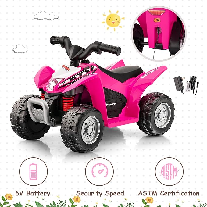 OLAKIDS Kids Ride On ATV, 6V Electric Vehicle for Toddlers, 4 Wheeler Battery Powered Motorized Quad Toy Car for Boys Girls with LED Lights, Horn (Coral)