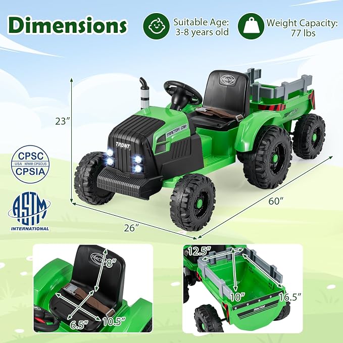 Costzon 24V Ride on Tractor with Detachable Trailer, Kids' Electric Vehicles with 3 Speeds, 15° Climbing, Wireless Design, Horn & Music, Remote Control Tractor Toy for Kids 3+,Gift (24V, Green)