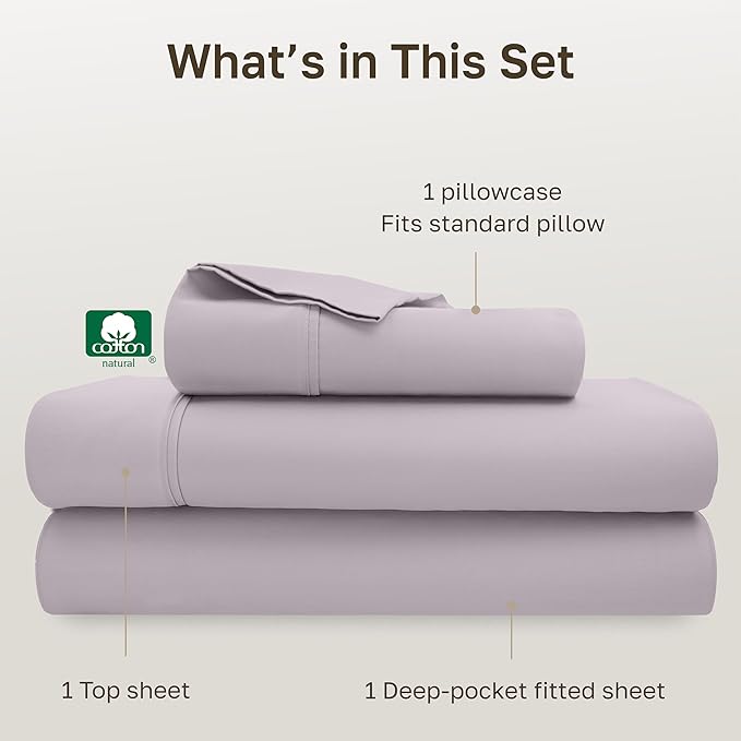 California Design Den Soft Twin Size 100% Cotton Sheet Sets, 400 Thread Count Good Housekeeping Award Winner, Smooth Sateen Finish, Cozy and Durable Twin Bedding Set - Dusky Lavender Grey