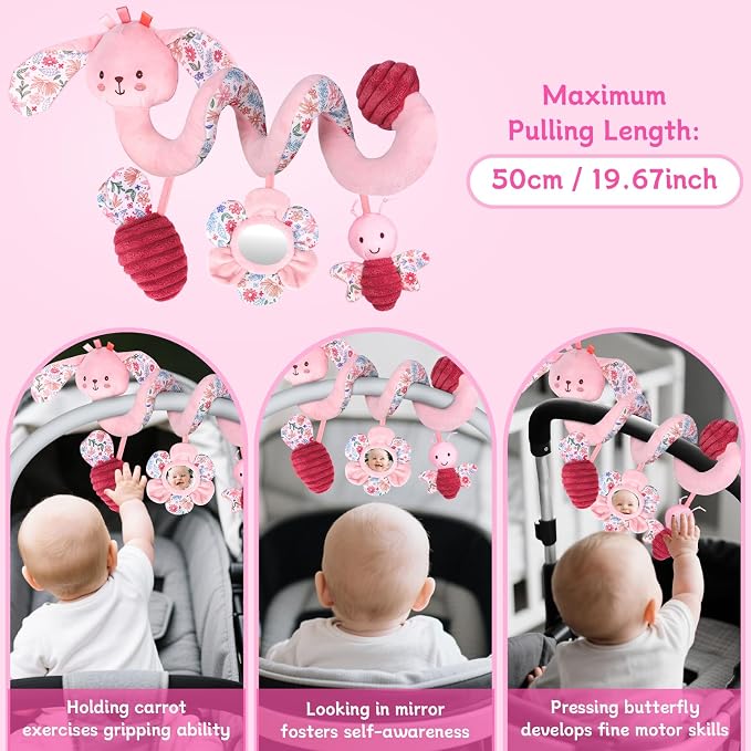 Hanging Car Seat Toys, Spiral Crib & Stroller Activity Toys with Rattles for Babies 0-6 Months, Baby Car Seat Accessories Toy for Developing Sensory & Motor Skills, Gift for Newborn Infant - Rabbit