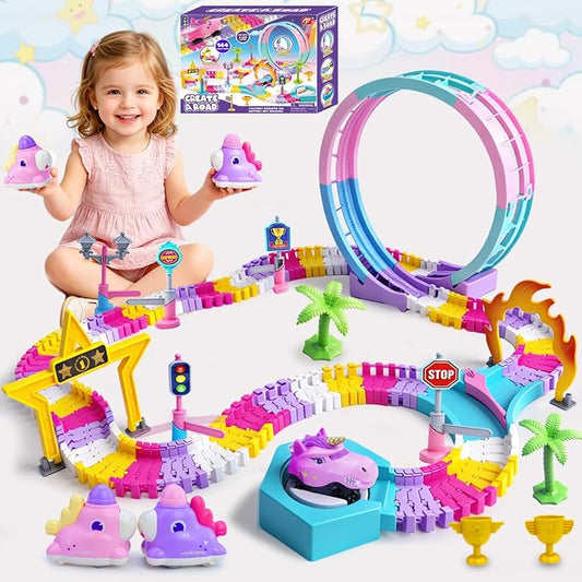 Unicorn Toys Car Race Tracks for Kids, 360° Flexible DIY Magic Racing Monster Tracks Toy with 3 Vehicle, Toddler Toys Birthday Gifts for 3 4 5 6 7 Year Old Girl
