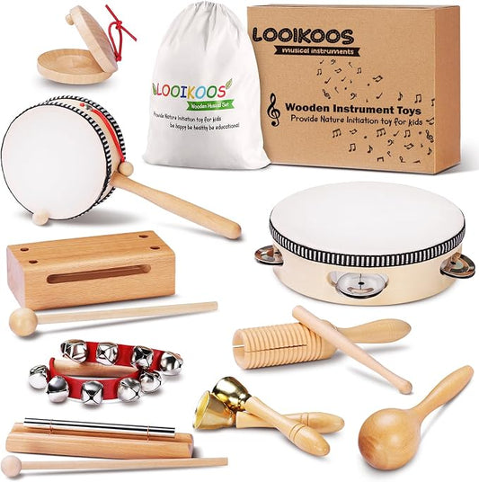 LOOIKOOS Montessori Natural Wooden Musical Instruments Set for Toddlers Preschool Educational Percussion Toys with Storage Bag, Safe Early Learning Toys for Boys Girls (3+)