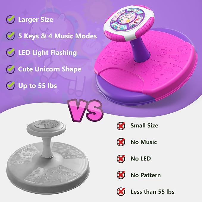 HYES Unicorn Sit and Spin Toys for Toddlers 1-3 Girls, 360° Toddler Spinning Seat with LED Lights and Music, Sensory Toys Birthday for Kids 3-5
