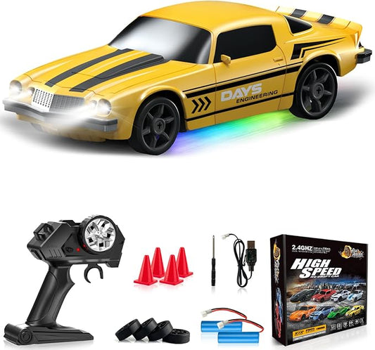 Remote Control Car RC Drift Car 2.4GHz 1:24 4WD 15KM/H High Speed Racing Sport Car with LED Lights Drifting Tire Racing Sport Toy for Adults Boys Girls Kids Gift 2Pcs Rechargeable Batteries