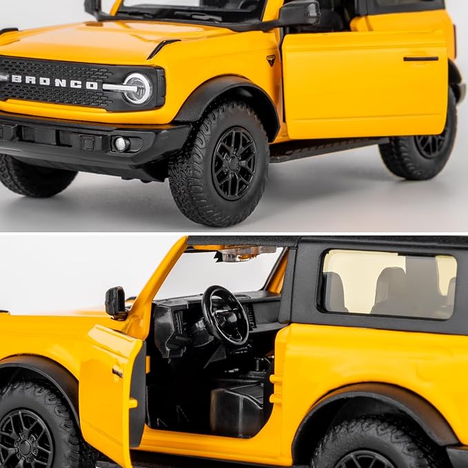 1:36 Scale Ford Bronco Badlands 2dr Toy Car, Diecast Pull Back Vehicles Model Car, Doors Open, Collection Kids Toy for Aged 3 and up, Gift Yellow