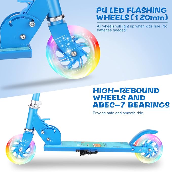 Scooter for Kids Ages 3-12 - Kids Kick Scooters with Led Light Up Wheels & 3 Levels Adjustable Handlebar, Lightweight Foldable 2 Wheel Girly Pink Scooter, Christmas Birthday Gifts for Girls Boys.