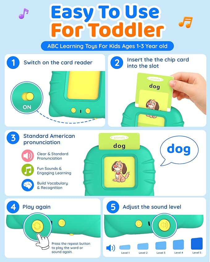 Aullsaty Talking Flash Cards for Toddlers 1-5 Years Old, Upgraded 536 Sight Words with 6 Songs Montessori Autism Sensory Toys, Educational Learning Speech Therapy Birthday Gifts for Boys Girls (Green)