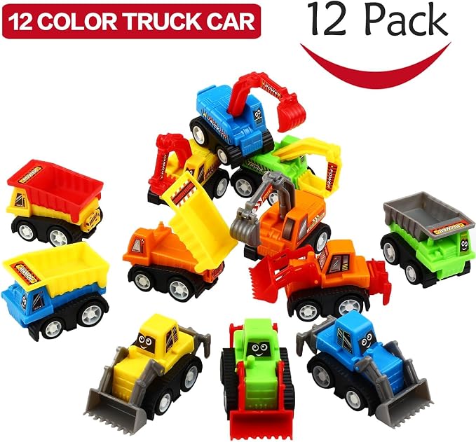 Funcorn Toys Pull Back Car, 12 Pcs Mini Truck Toy Kit Set, Play Construction Engineering Vehicle Educational Preschool for Children Boys Party Favors, Kids Birthday Game Gift Playset Classroom Reward