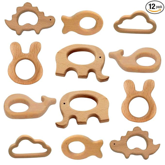 12-Pcs Baby Teether Toys,Wooden Teethers for Babies - Wooden Animal Toys, Teething Rings, Toddler Chew Toys，Baby Teething Rings and Wooden Teether Set-Suitable for Children Over 36 Months