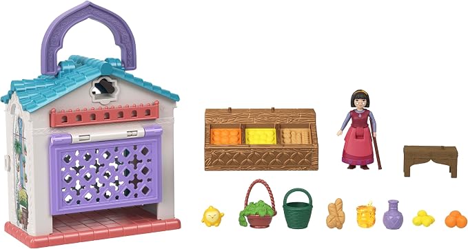 Mattel Disney Wish Micro Doll Playset, Dahlia’s Rosas Marketplace Portable Set with Dahlia Doll, Star Figure & 9 Accessories, Travel Toy
