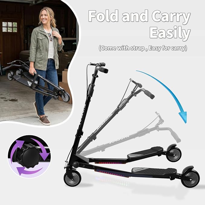 PHOEROS Upgraded Swing Wiggle Scooter,3 Wheels Drifiting Kick Scooter for Kids Ages 6-12,Teens&Adults,Youth Drifting Scooter with LED Light/4 Height Adjustable/Foldable Best Gift for Kids