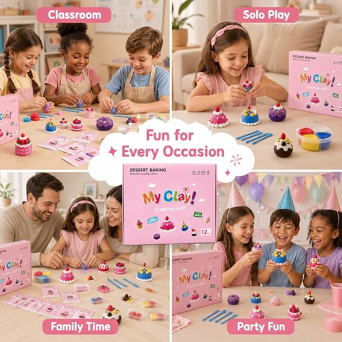 Air Dry Clay Kit for Kids, 12 Dessert Baking Modeling Clay for Kids, DIY Model Magic Clay with Tools and Tutorials, Soft&Non-Sticky, Safe&Non-Toxic Magic Clays,Creatible Art Crafts Toys Gifts