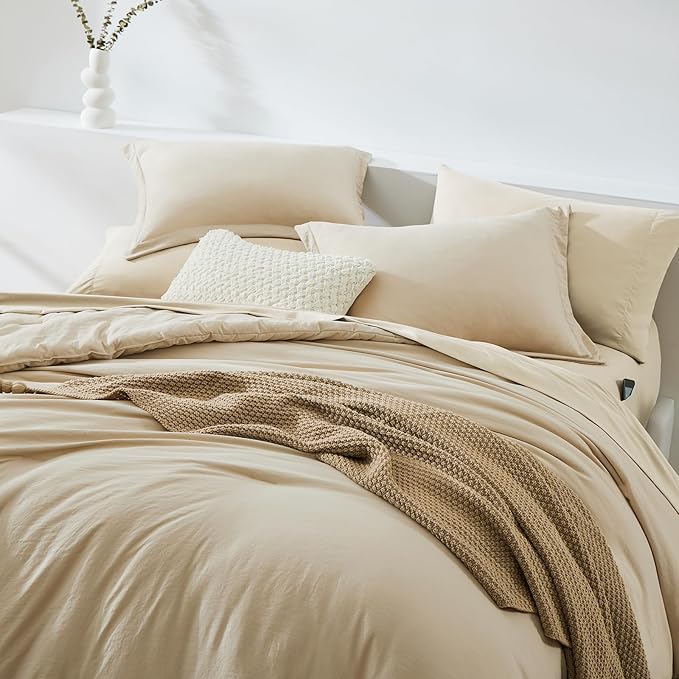 WRENSONGE Oversized Queen Comforter Set - 7 Pieces Beige Bed in a Bag Queen with Sheets, 2 Pillow Shams, and 2 Pillowcases- Warm Bedding Sets Queen for All Season
