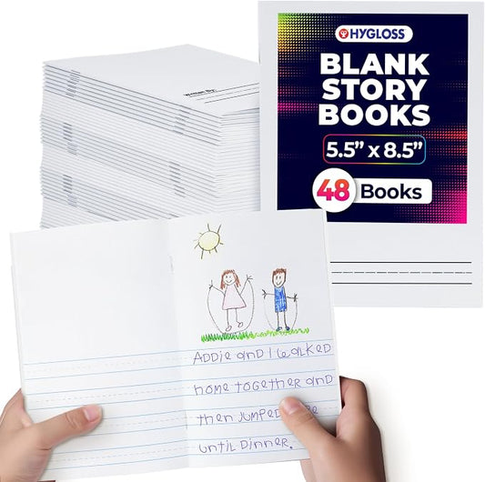 Hygloss Half Blank Books for Kids to Write Stories & Illustrate – Bulk 48 Pack – 5.5" x 8.5" A5 – Primary Journal for Grades K-2, Preschool/Kindergarten Notebook with Picture Space – 24 Pages, White
