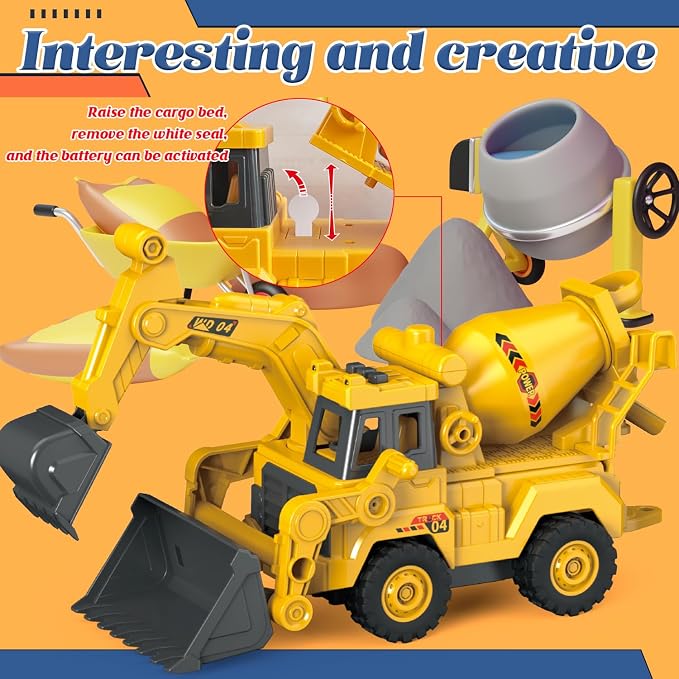 3-in-1 Construction Truck Toy, Excavator & Bulldozer & Cement Mixer, Working Digger Arm, Front Push Blade & Rotating Mixing Drum, Inertia-Powered Push-and-Go, Sandbox Vehicle for Boys Girls Age 3+
