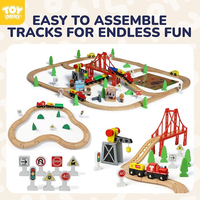 TOY Life Wooden Train Set 80pcs with Magnetic Crane, Wooden Train Tracks Toys for Toddlers Boys Girls 3 4 5, 3 Year Old Boy Gift, Wood Toys Toddler Train for Kids 4-8 - Fits Thomas Brio Chuggington