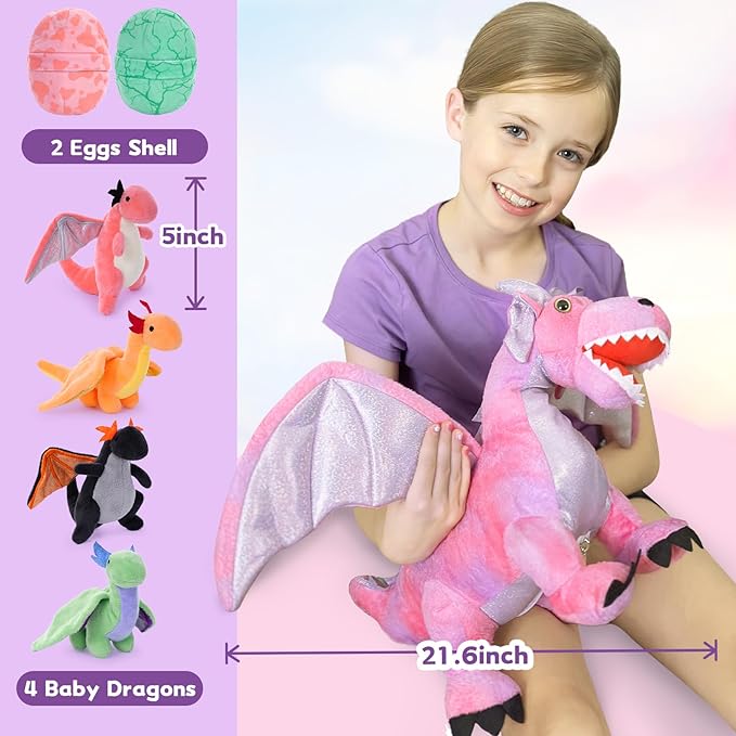 Muiteiur 7 Piece Dragon Stuffed Animals, 21.6 inch Soft Plush Pink Dragon with 4 Baby Toys and 2 Eggs, Gift for Kids Boys Girls