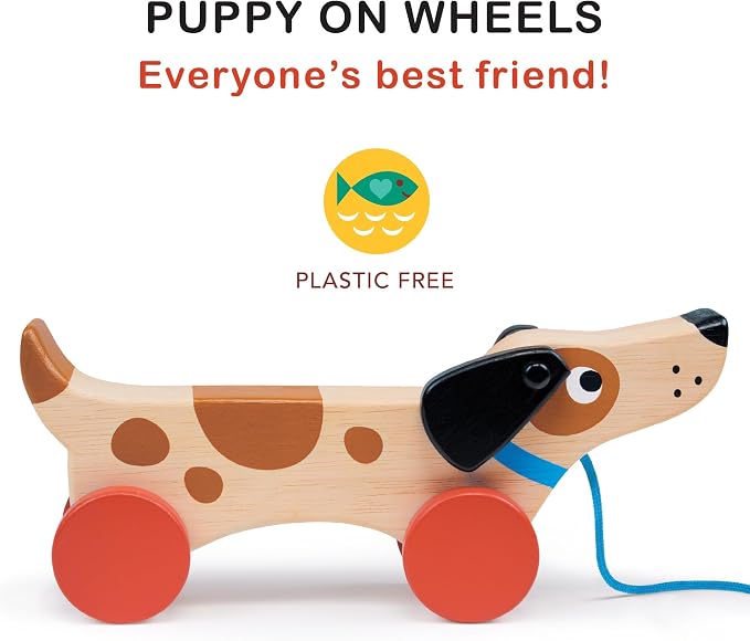 Mentari Toys - Puppy on Wheels - Wooden Dog Pull Toy for Toddler Walking for 18M+ Boys and Girls - Sustainable Rubberwood - Educational Motor Skills & Imaginative Play - Gift for Preschoolers
