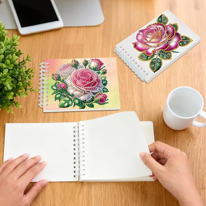 2 Pcs Rose Flower Diamond Painting 80 Pages Notebook for Adults,Flower Diamond Art Journal and DIY Sketchbook, Diamonds Art Kit Supplies,Gift for Beginners, Craft Lovers, Artists. (Rose)