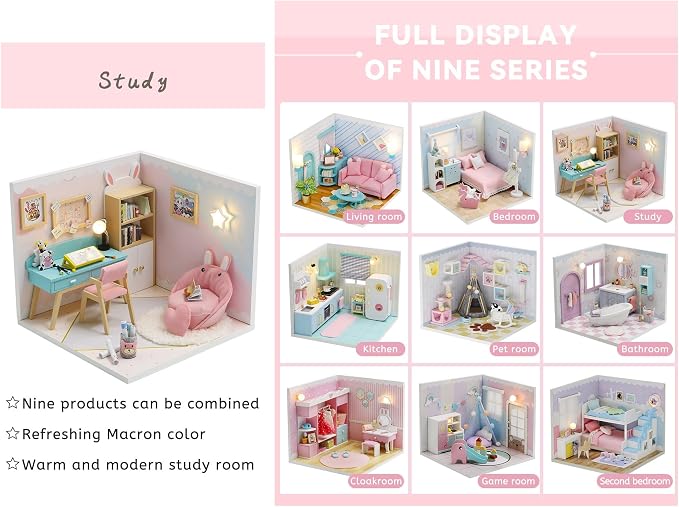 Kisoy Dollhouse Miniature with Furniture Kit, DIY 3D Wooden DIY House Kit A Corner of a Small Apartment Style with Dust Cover & LED,Handmade Tiny House Toys for Kids Adults Gift (Study Room)