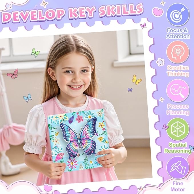 Crafts for Girls 8-12 - Make Your Own Butterfly Diamond Art Kits for Kids - Arts and Crafts for Kids - Diamond Art Paintings with Wooden Stand - 4 5 6 7 10 Year Old Girl Boy Birthday Gift Home Decor