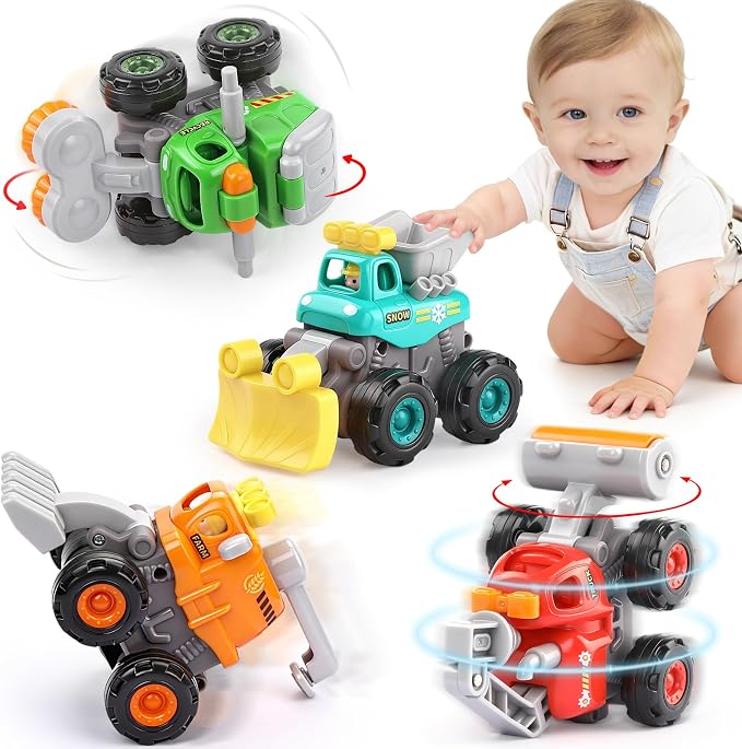 ORWINE Baby Boy Toys Cars, Push and Go Cars for Kids, Friction Powered Stunt Trucks, 4PCS Construction Vehicles Baby Toys for 2 3 4 5 Years Old Boys Girls, Birthday for Toddler Age 2-3