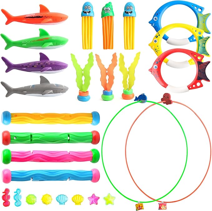 Dive Rings Pool Toys Adults, 27 Pcs Diving Toys for Kids Ages 4-8, Shark Torpedo Dive Set, Octopus Toddler Water Fun Toys, Summer Essentials Underwater Swimming Throwing Gifts for Boys & Girls