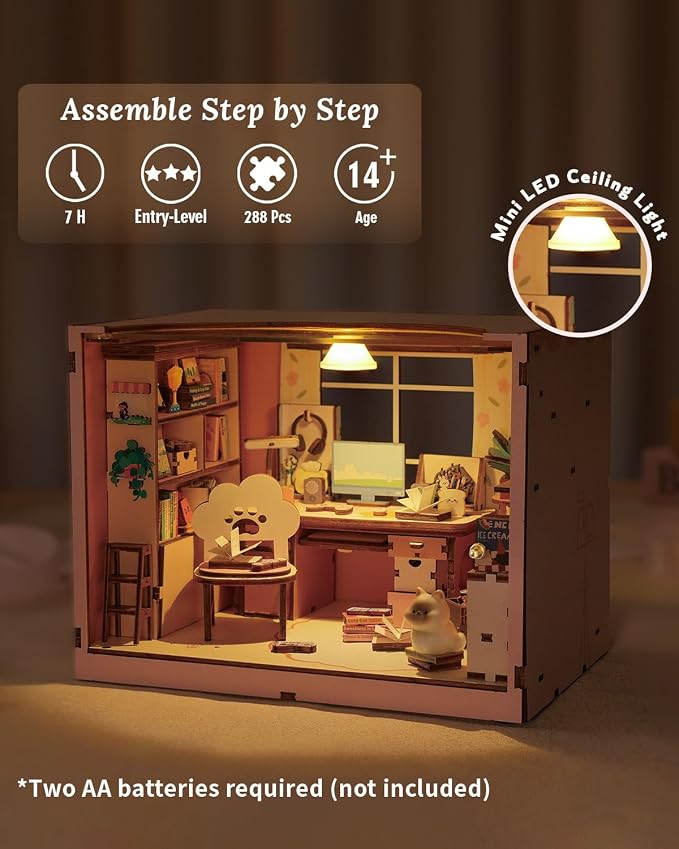 DIY Miniature House Kit-Study Room, 3D Wooden Puzzles with LED Light Tiny House Mini House Building Kit for Adults, Wooden Adults Crafts Birthday for Parents Friends