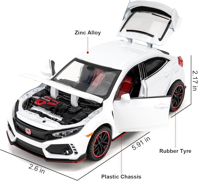 1:32 Scale Civic Type R Model Car，Toy Vehicle with Sound & Light, Pull Back Function & Openable Doors - Premium Diecast Collectible with Realistic Details White