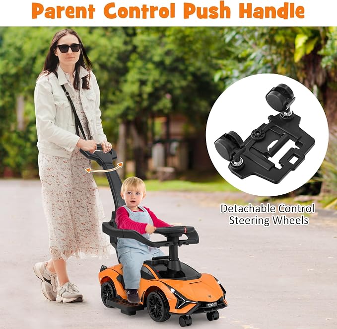 INFANS 3 in 1 Ride on Push Car, Licensed Lamborghini Baby Stroller Sliding Walking Car with Parent Control Handle, Music, USB, Headlight, Under Seat Storage, Foot-to-Floor Toy 18-60 Months (Orange)