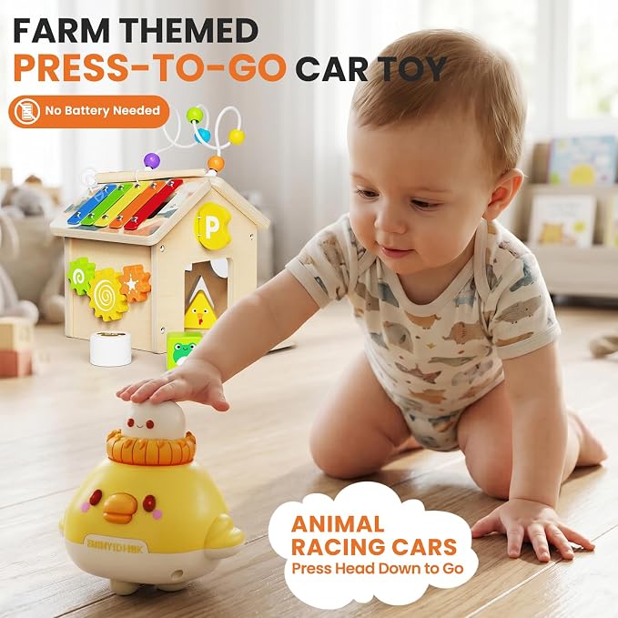 9-in-1 Wooden Activity Cube, Montessori Baby Activity Center Toys for 1+ Year Old Boys & Girls, Farm Theme Baby Cube with Car Toys & Shape Sorter, Educational Toy for Toddlers, Ideal Baby Gifts