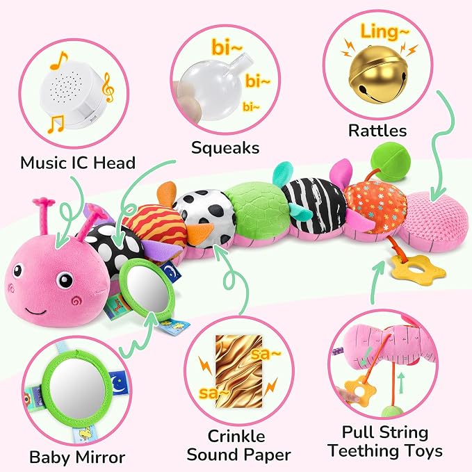 AWOTOY Baby Toys 6-12 Months Music Caterpillar Infant Toys Stuffed Animals 0-3-6 Months Teething Tummy Time Sensory Toys with Mirror Rattle&Pull String Boys Girls Shower Birthday Gifts