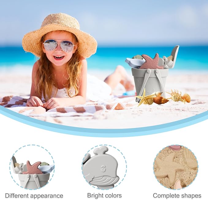 Sand Toys for Kids 8PCS Safe Silicone Beach Toys Grey - with Shovel, Bucket and Sand Molds, Waterproof for Travel Summer